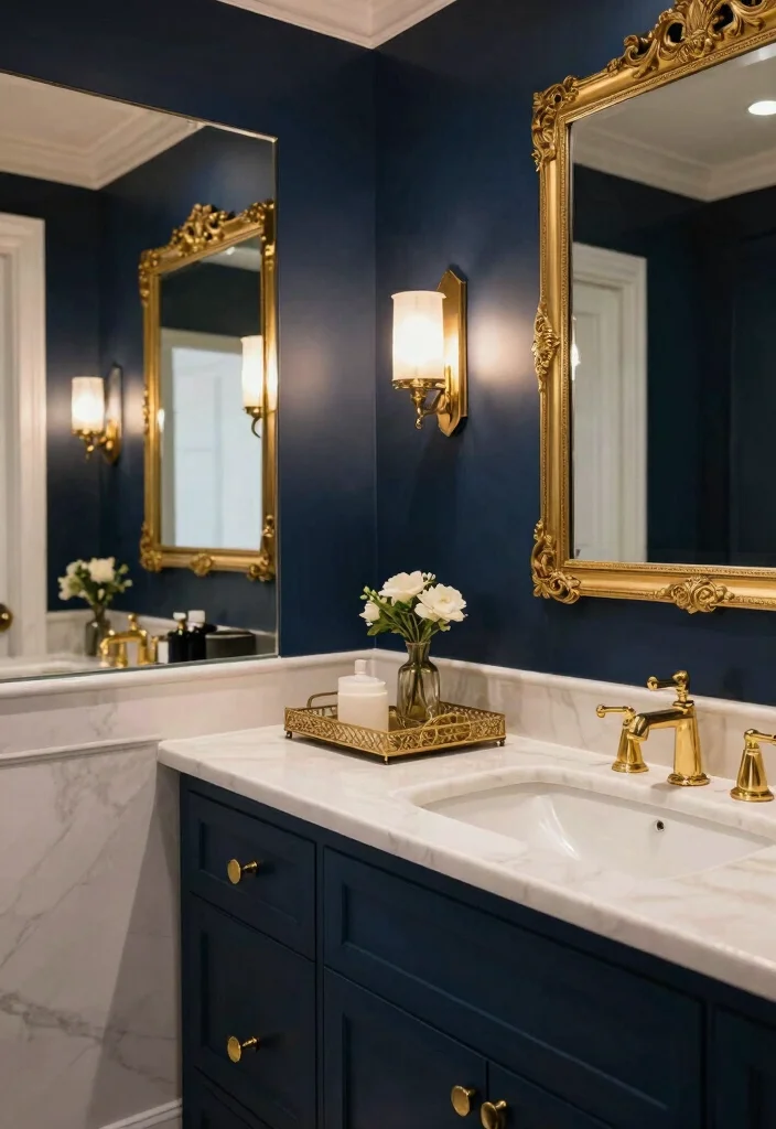 17 Blue Bathroom Ideas With Calm Cool Energy - 12. Blue and Gold Accents 1