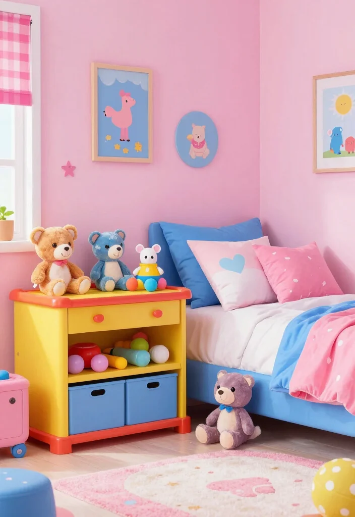 17 Pink and Blue Bedroom Ideas: Playful Balanced Colors - 14. Colorful Play Items 1