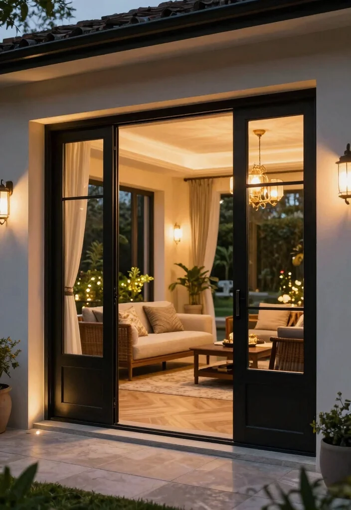 12 Black Patio Door Ideas That Make Small Rooms Feel Bigger - 12. Black Patio Doors with Lighting Features 1