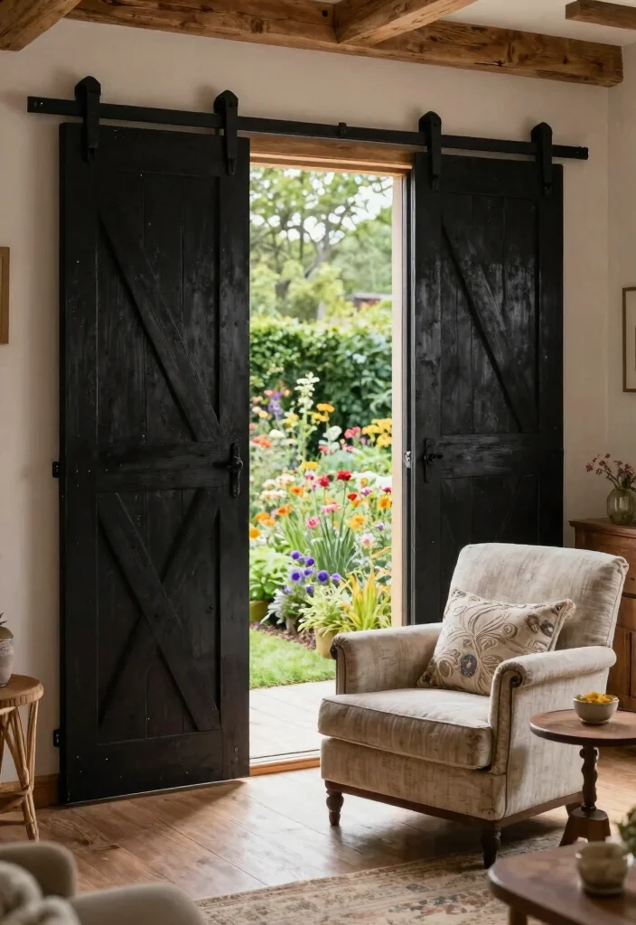 12 Black Patio Door Ideas That Make Small Rooms Feel Bigger - 4. Rustic Charm with Black Barn Doors 1