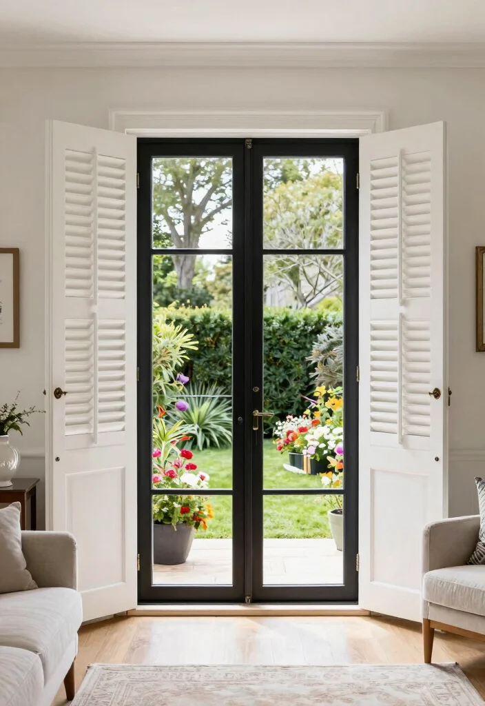 12 Black Patio Door Ideas That Make Small Rooms Feel Bigger - 5. Elegant Shutters with Black Doors 1
