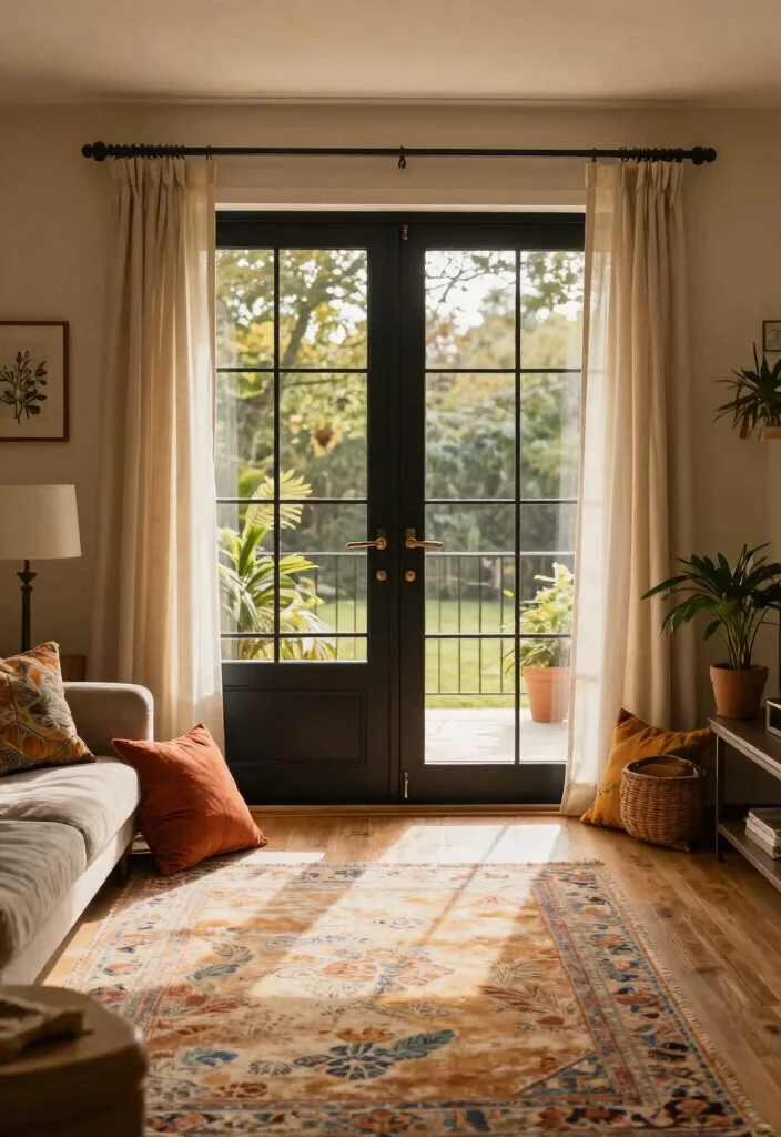 12 Black Patio Door Ideas That Make Small Rooms Feel Bigger - 9. Cozy Black Patio Doors with Textile Accents 1