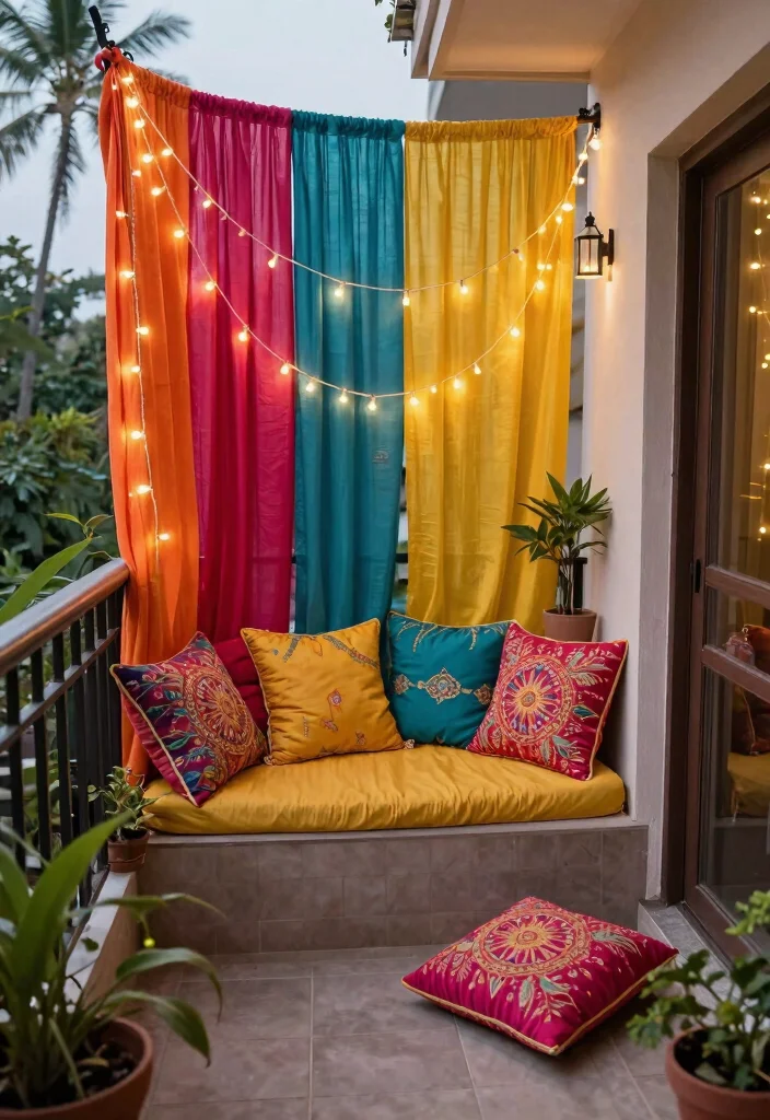 12 Diwali Lights Decoration Balcony Ideas for Small Spaces That Shine - 11. Bright Fabrics with Lights 1