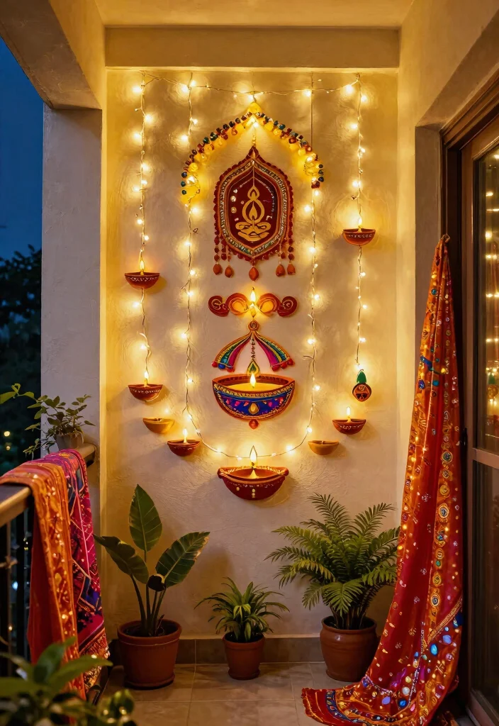 12 Diwali Lights Decoration Balcony Ideas for Small Spaces That Shine - 12. Festival-themed Wall Art with Lights 1