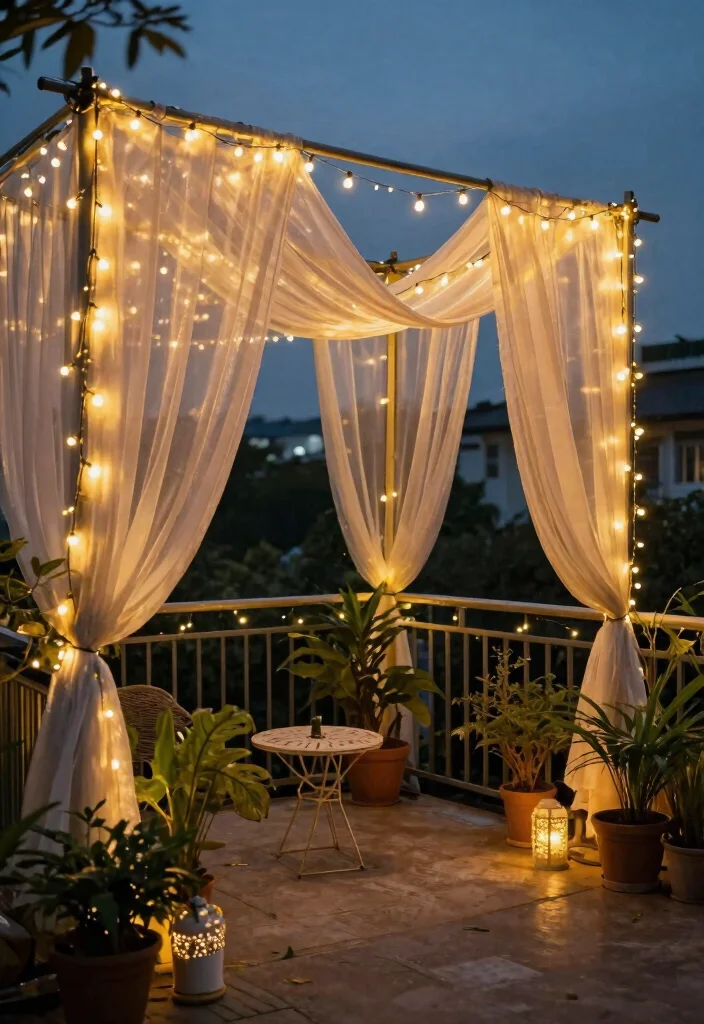 12 Diwali Lights Decoration Balcony Ideas for Small Spaces That Shine - 4. String Lights with Fabric Drapes 1
