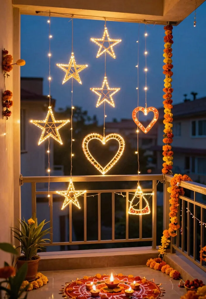 12 Diwali Lights Decoration Balcony Ideas for Small Spaces That Shine - 9. Creative Light Shapes 1