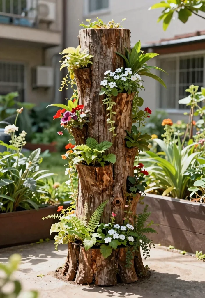 12 Tree Stump Planter Ideas That Don't Attract Termites - 4. Vertical Stump Planter 1