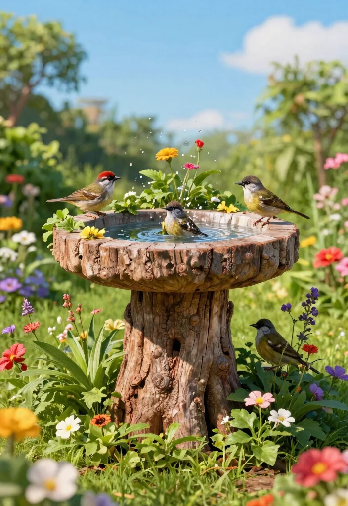 12 Tree Stump Planter Ideas That Don't Attract Termites - 7. Stump Bird Bath Planter 1
