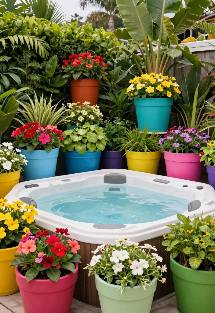 14 Backyard Hot Tub Ideas That Don't Dominate the Yard - 10. Colorful Planters Around Hot Tub 1