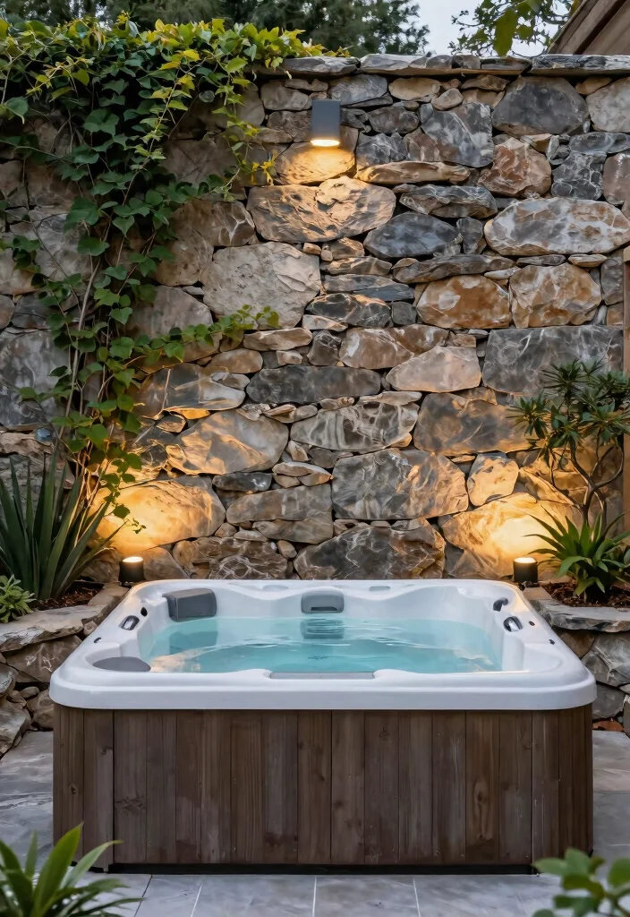 14 Backyard Hot Tub Ideas That Don't Dominate the Yard - 11. Rustic Stone Wall Backdrop 1