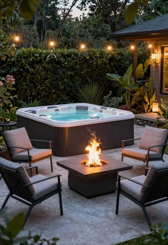 14 Backyard Hot Tub Ideas That Don't Dominate the Yard - 3. Modern Fire Pit and Hot Tub Combo 1
