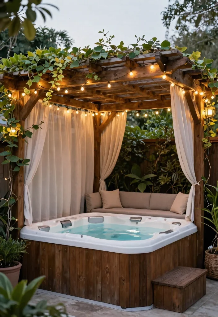 14 Backyard Hot Tub Ideas That Don't Dominate the Yard - 6. Rustic Pergola Hot Tub Oasis 1