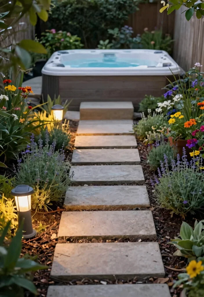 14 Backyard Hot Tub Ideas That Don't Dominate the Yard - 8. Garden Pathway to Hot Tub 1