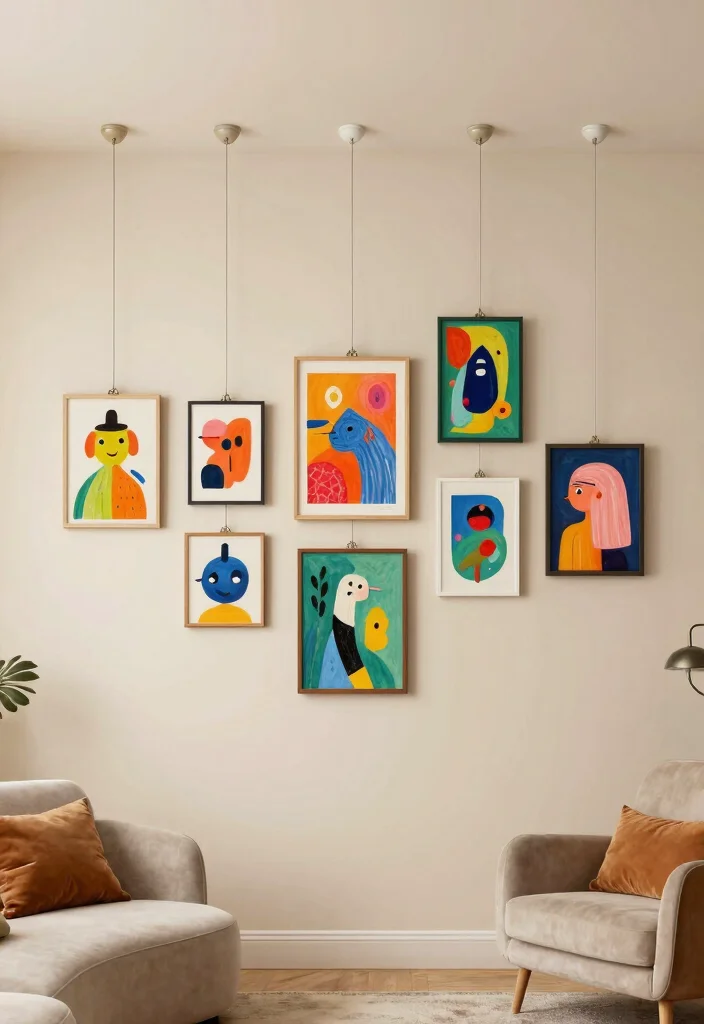 14 Ceiling Room Decor Ideas That Add Interest Without Lowering the Space - 10. Artistic Ceiling Hooks with Hanging Art 1