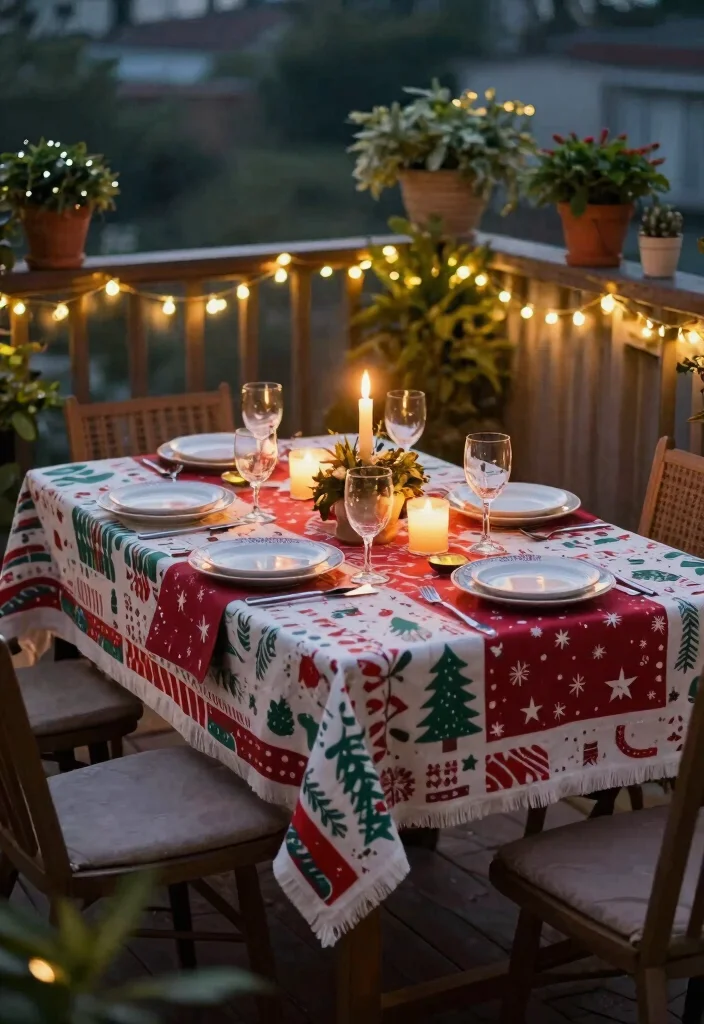 14 Christmas Balcony Ideas for Renters Who Can't Drill Holes - 12. Colorful Outdoor Table Settings 1
