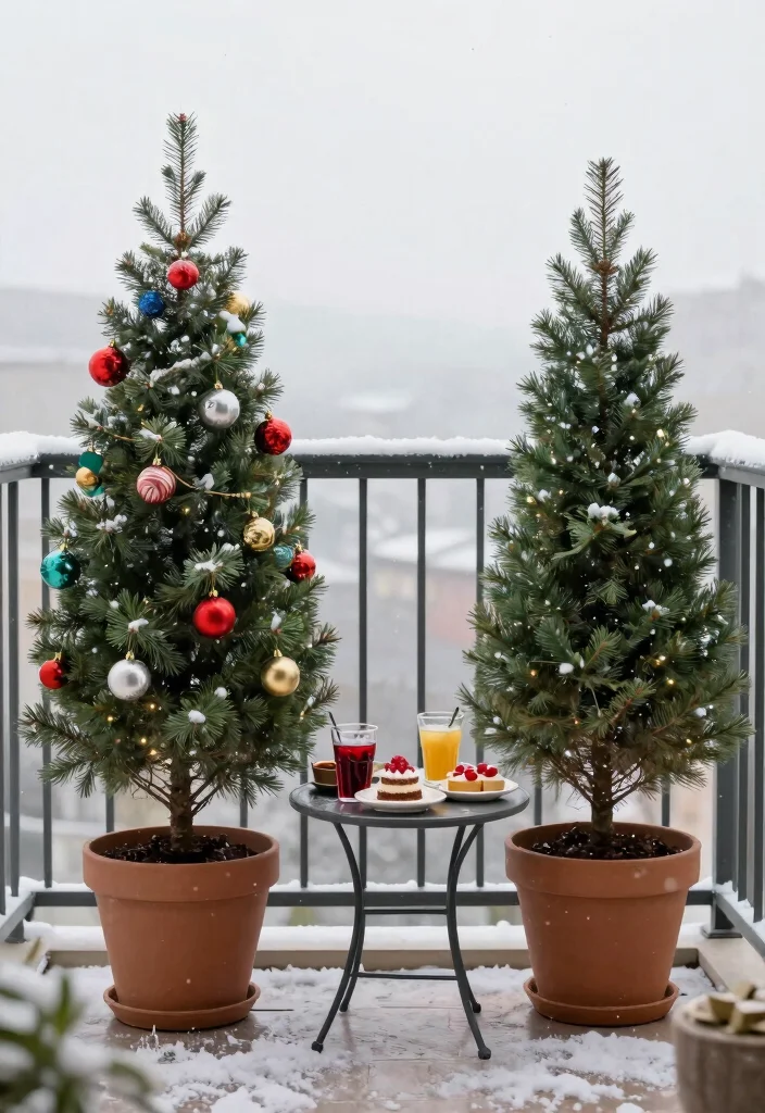 14 Christmas Balcony Ideas for Renters Who Can't Drill Holes - 2. Potted Pine Trees 1