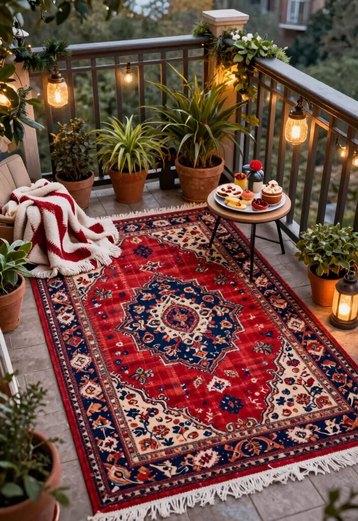 14 Christmas Balcony Ideas for Renters Who Can't Drill Holes - 3. Festive Outdoor Rugs 1