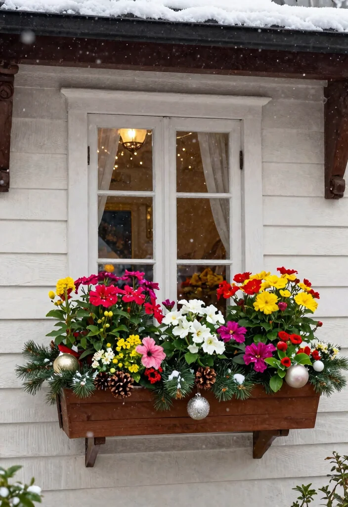 14 Christmas Balcony Ideas for Renters Who Can't Drill Holes - 5. Window Boxes with Holiday Plants 1