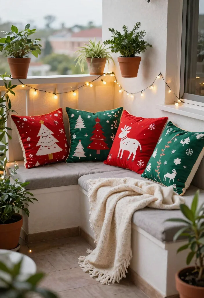 14 Christmas Balcony Ideas for Renters Who Can't Drill Holes - 7. Holiday-Themed Cushions 1