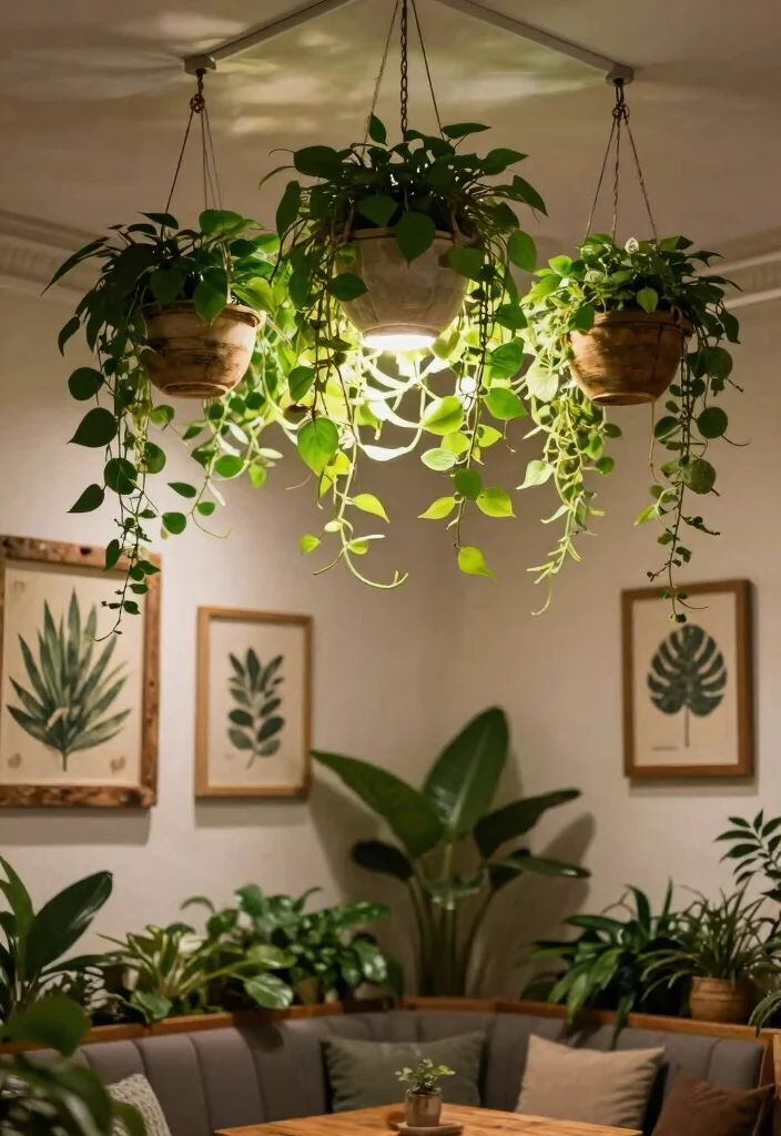 14 Cob Ceiling Light Ideas That Add Character Without Rewiring - 3. Hanging Planter Integration 1