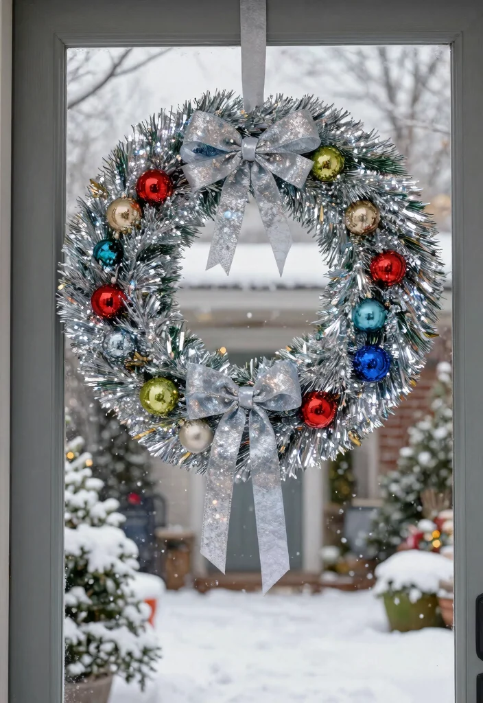 14 Easy Outdoor Christmas Decorations That Go Up in Minutes - 12. Festive Tinsel Wreaths 1