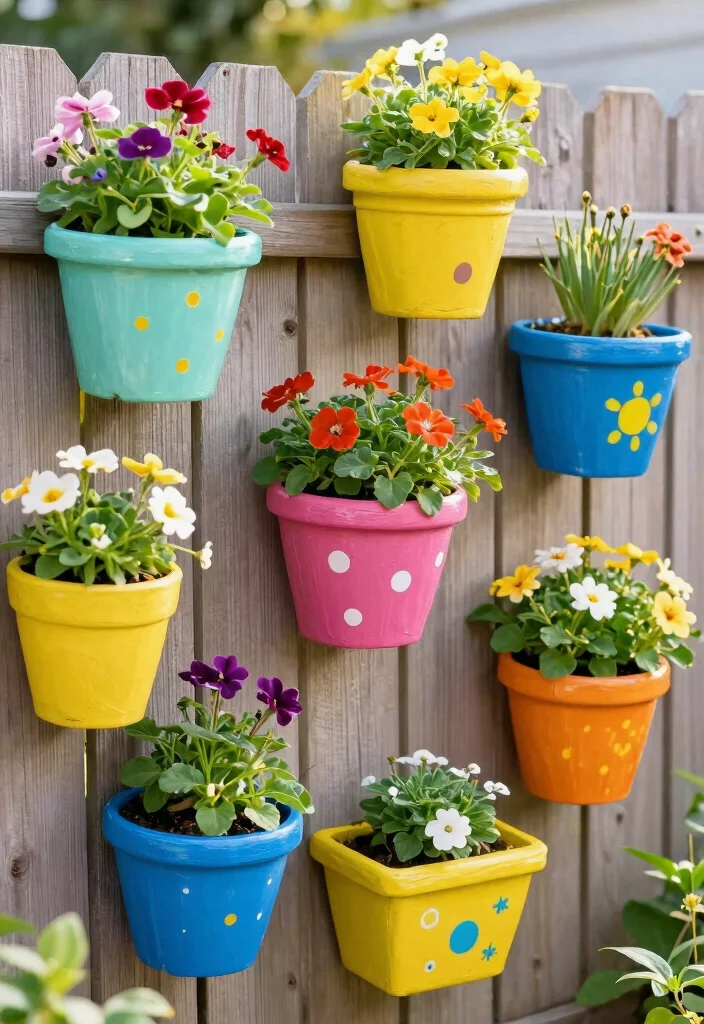 14 Fence Planter Box Ideas That Don't Damage Posts or Rails - 13. Colorful Painted Planters 1