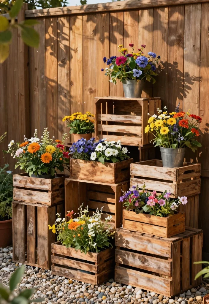 14 Fence Planter Box Ideas That Don't Damage Posts or Rails - 7. Rustic Wooden Crates 1