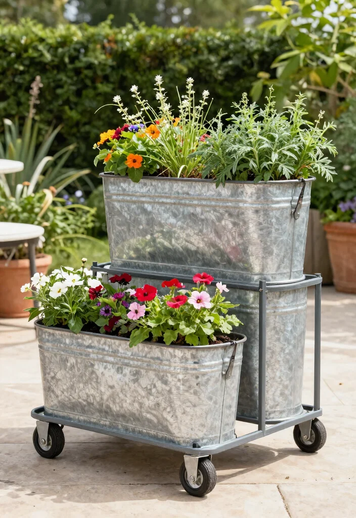 14 Galvanized Tub Planter Ideas That Drain Properly and Don't Rust Out - 11. Mobile Planters on Wheels 1