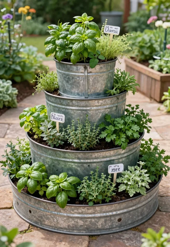 14 Galvanized Tub Planter Ideas That Drain Properly and Don't Rust Out - 2. Herb Spiral with Galvanized Tubs 1