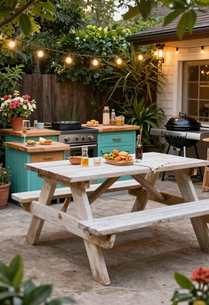 14 Outdoor Kitchen Island Concepts on a Budget Without Plumbing - 14. Cozy Picnic Table Island 1