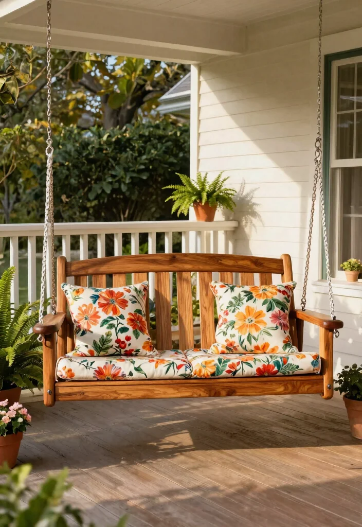 14 Porch Swing Ideas That Support Two Adults and Last Through Weather - 1. Classic Wooden Swing with Modern Cushions 1