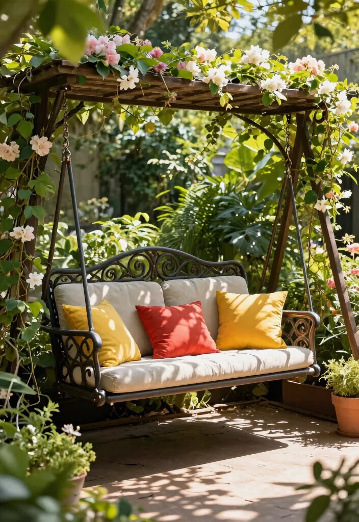 14 Porch Swing Ideas That Support Two Adults and Last Through Weather - 2. Metal Swing with a Vintage Touch 1