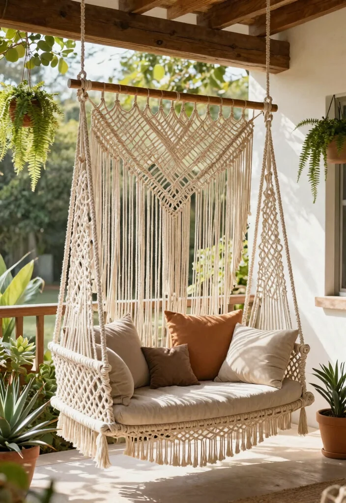 14 Porch Swing Ideas That Support Two Adults and Last Through Weather - 3. Bohemian-Style Macrame Swing 1