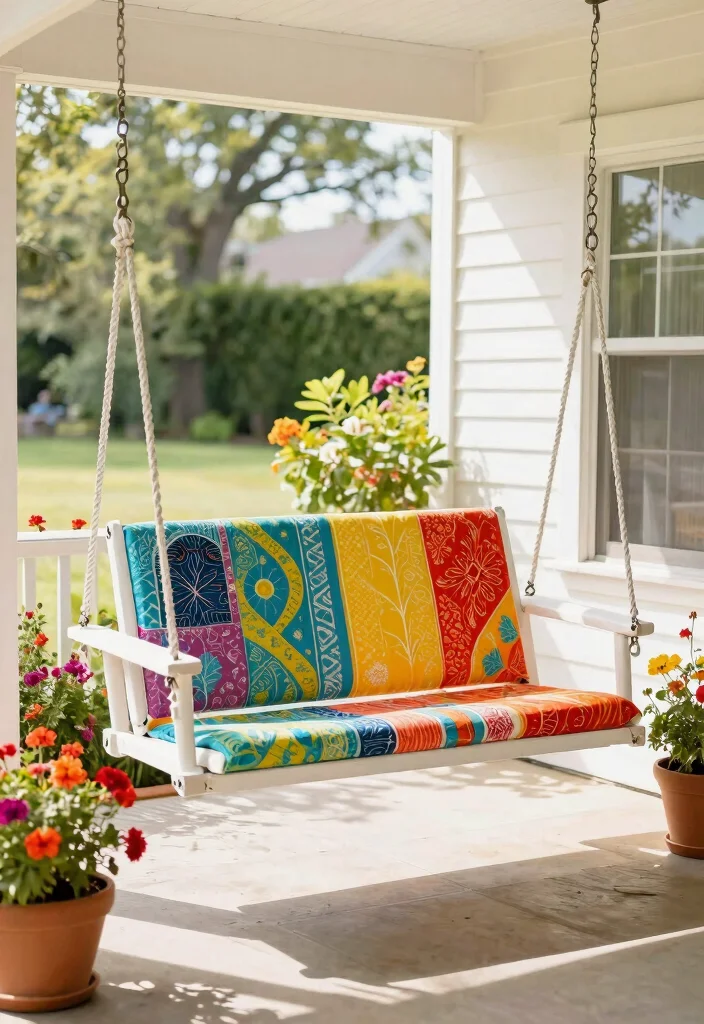 14 Porch Swing Ideas That Support Two Adults and Last Through Weather - 6. Colorful Canvas Swing 1