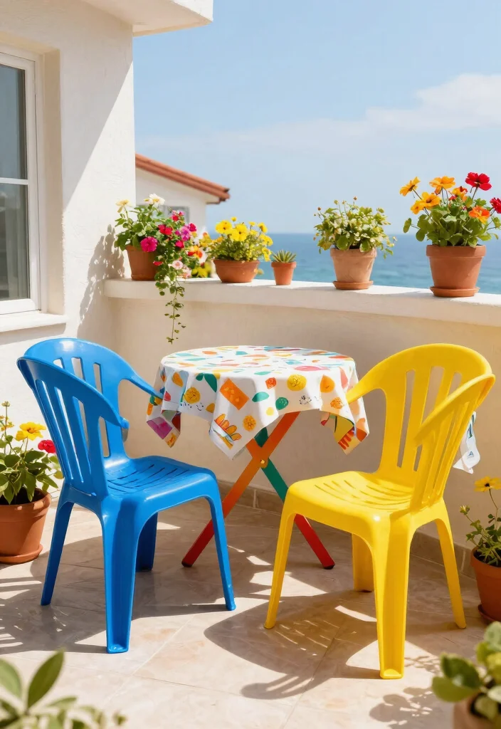 15 Balcony Chair Ideas for Small Spaces That Actually Fit Two People - 10. Colorful Plastic Chairs 1