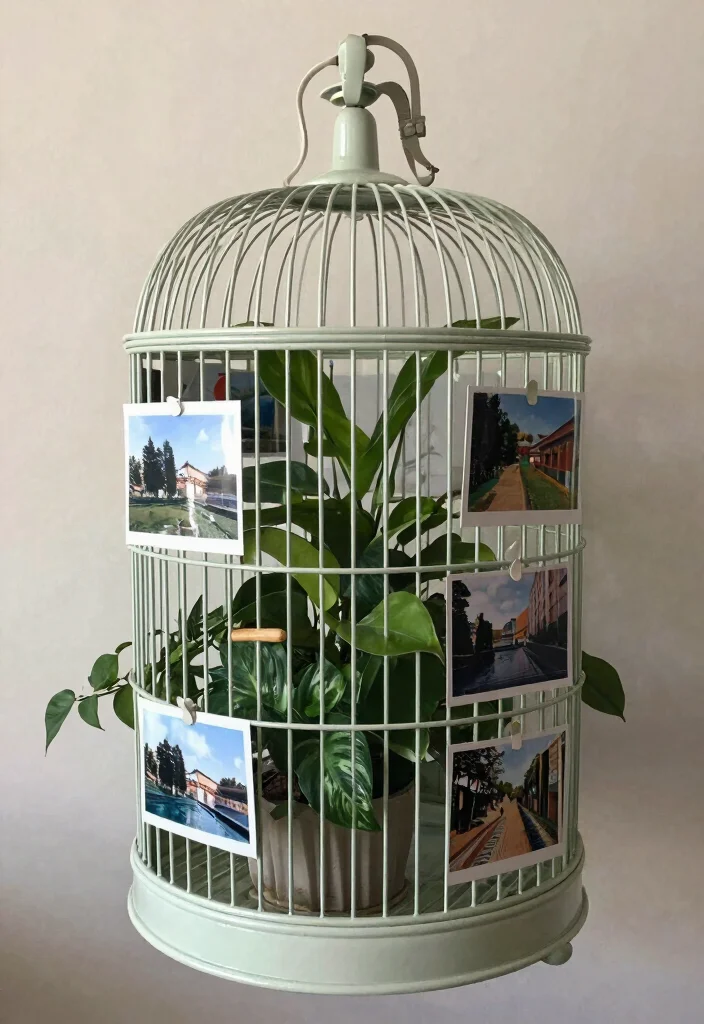 15 Bird Cage Planter Ideas That Turn Vintage Finds Into Decor - 10. Personal Touch with Photo Display 1