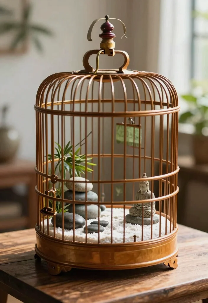 15 Bird Cage Planter Ideas That Turn Vintage Finds Into Decor - 11. Indoor Zen Garden 1