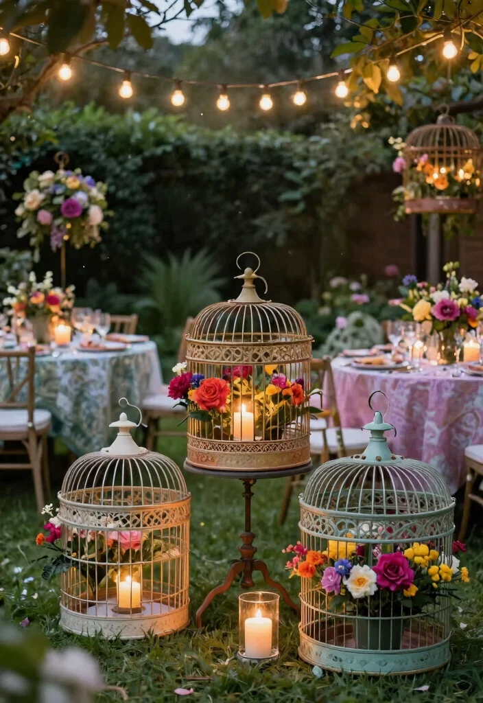 15 Bird Cage Planter Ideas That Turn Vintage Finds Into Decor - 14. Garden Party Decor 1