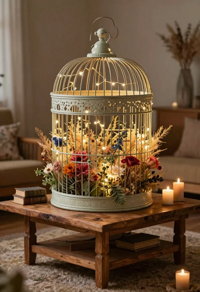 15 Bird Cage Planter Ideas That Turn Vintage Finds Into Decor - 3. Rustic Coffee Table Centerpiece 1