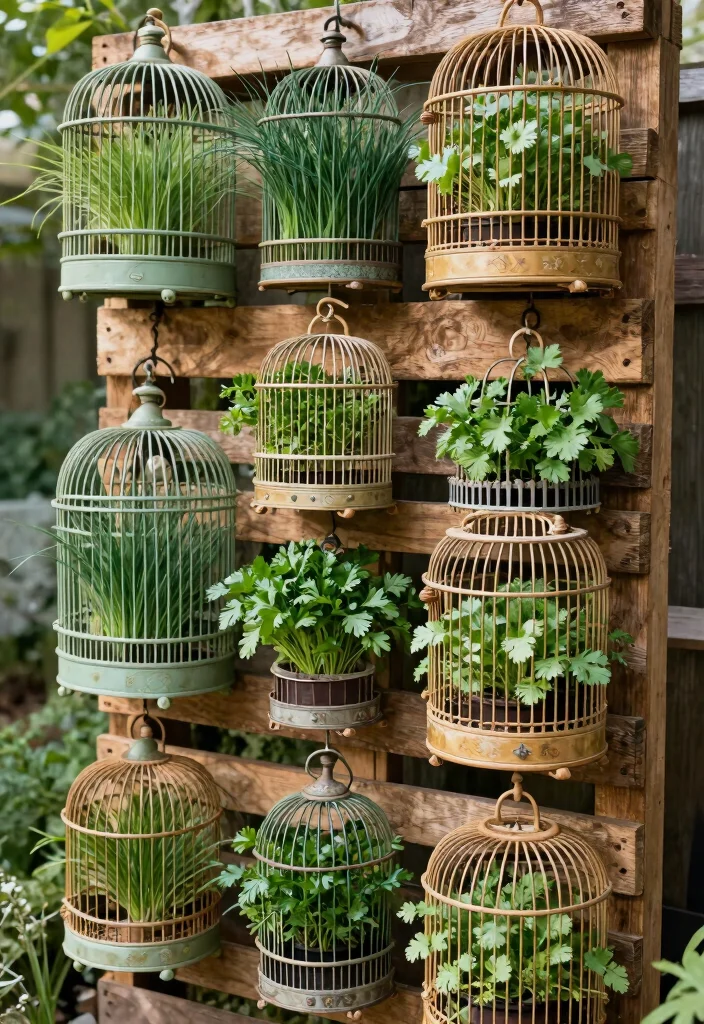 15 Bird Cage Planter Ideas That Turn Vintage Finds Into Decor - 6. Bird Cage Herb Wall 1