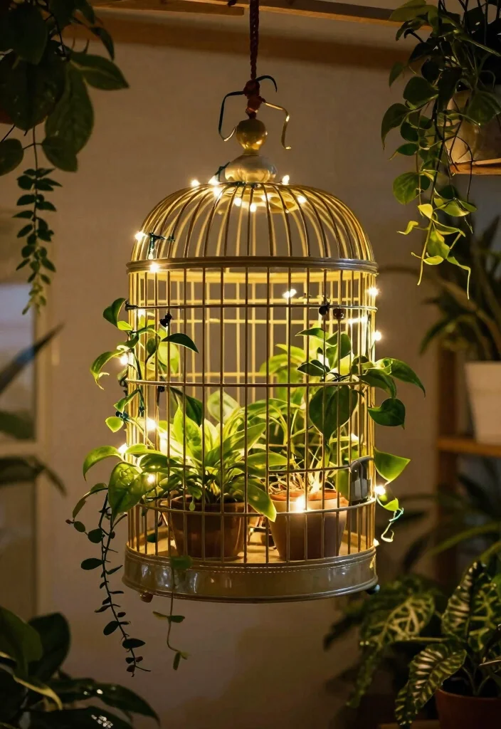 15 Bird Cage Planter Ideas That Turn Vintage Finds Into Decor - 9. Vertical Garden with String Lights 1
