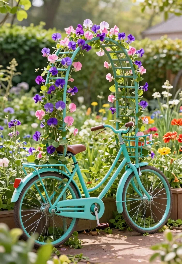 15 Flower Trellis Ideas That Actually Support Heavy Blooms - 4. Vintage Bicycle Trellis 1