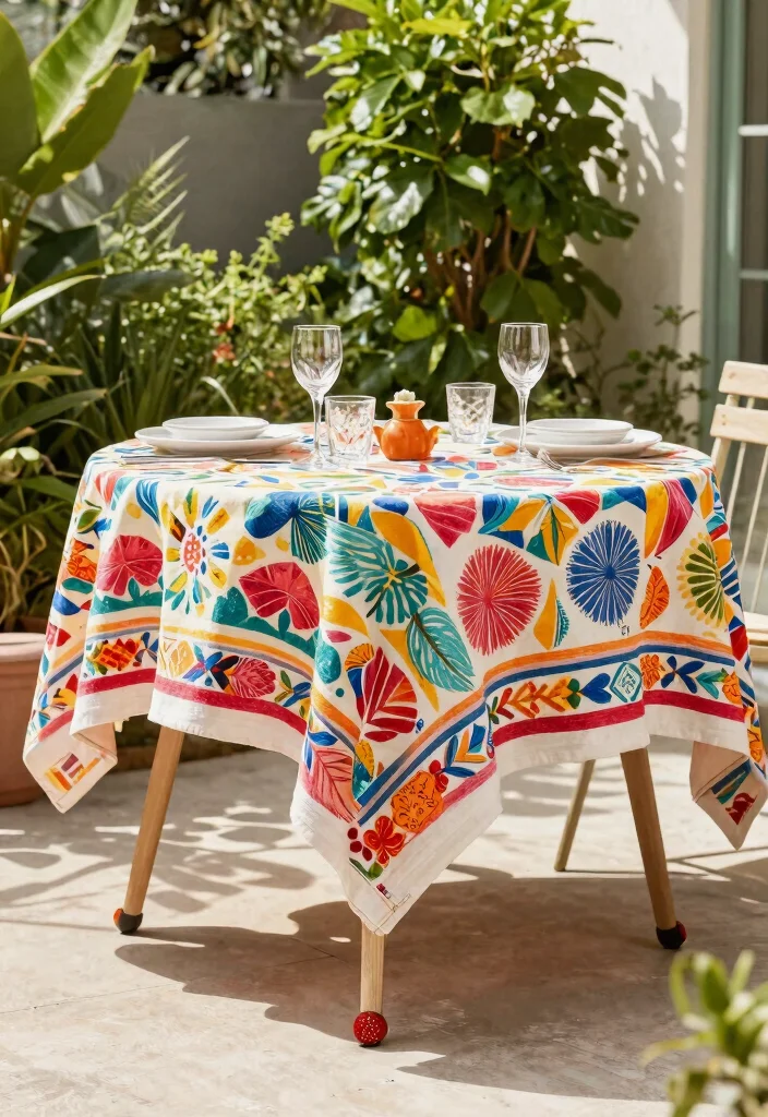 15 Patio Table Decor Ideas That Survive Wind Without Tipping - 15. A Colorful Table Cloth Weighed Down 1