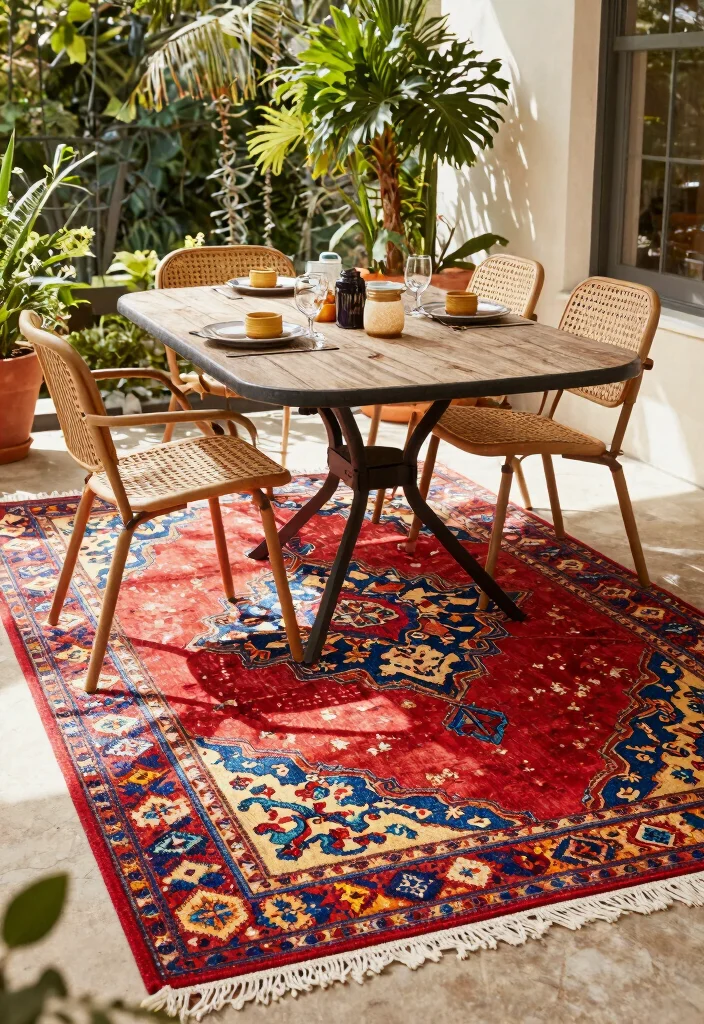 15 Patio Table Decor Ideas That Survive Wind Without Tipping - 3. Indoor-Outdoor Rugs 1