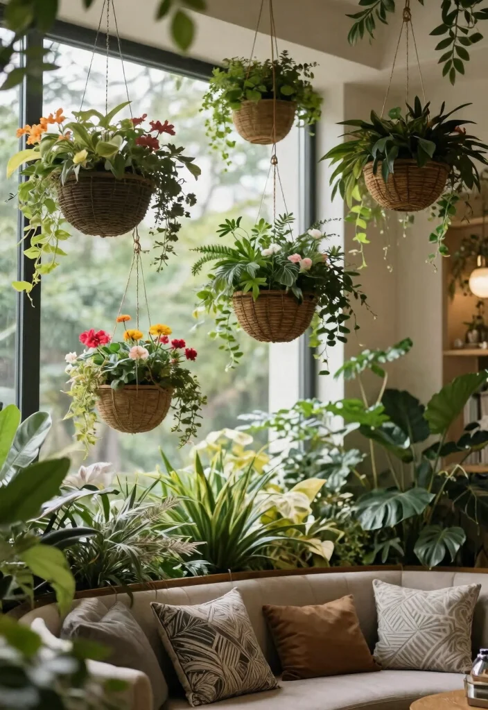 15 Things to Hang from Ceiling That Add Interest Without Drilling - 14. Hanging Basket Planters 1