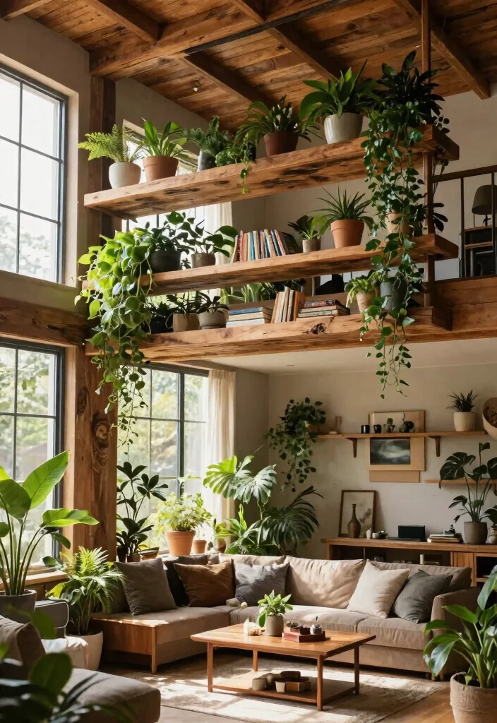15 Things to Hang from Ceiling That Add Interest Without Drilling - 5. Rustic Wooden Shelves 1