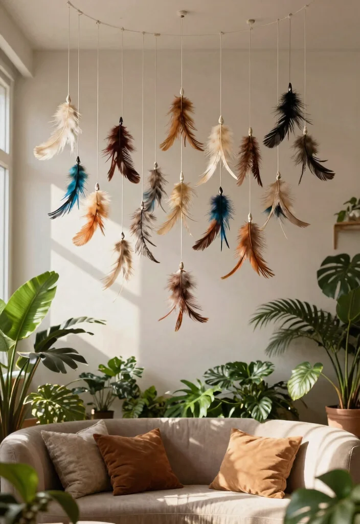 15 Things to Hang from Ceiling That Add Interest Without Drilling - 7. DIY Feather Hangings 1