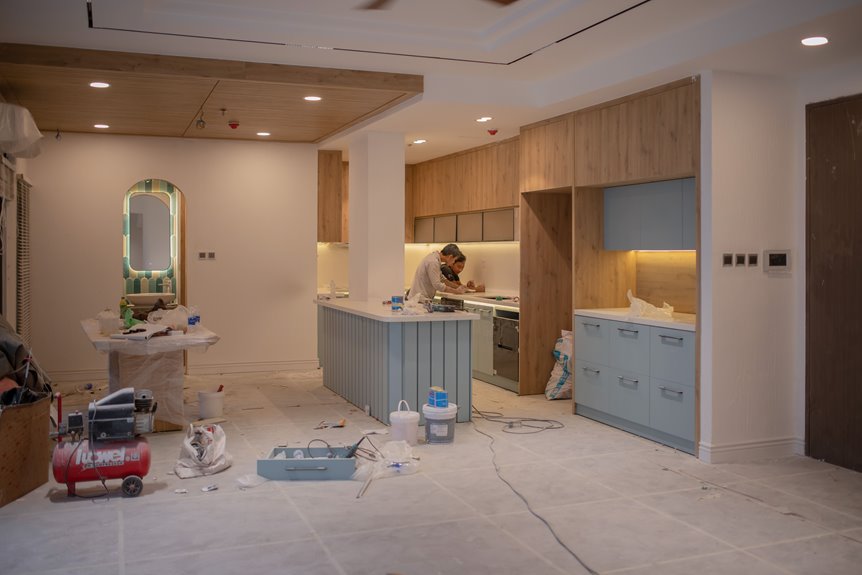 cabinets determine flooring placement under