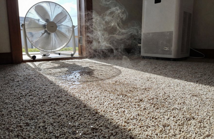 drying carpet with fans and dehumidifiers