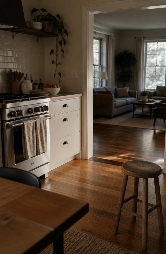 Kitchen counter with a fruit bowl plates and a towel on the oven